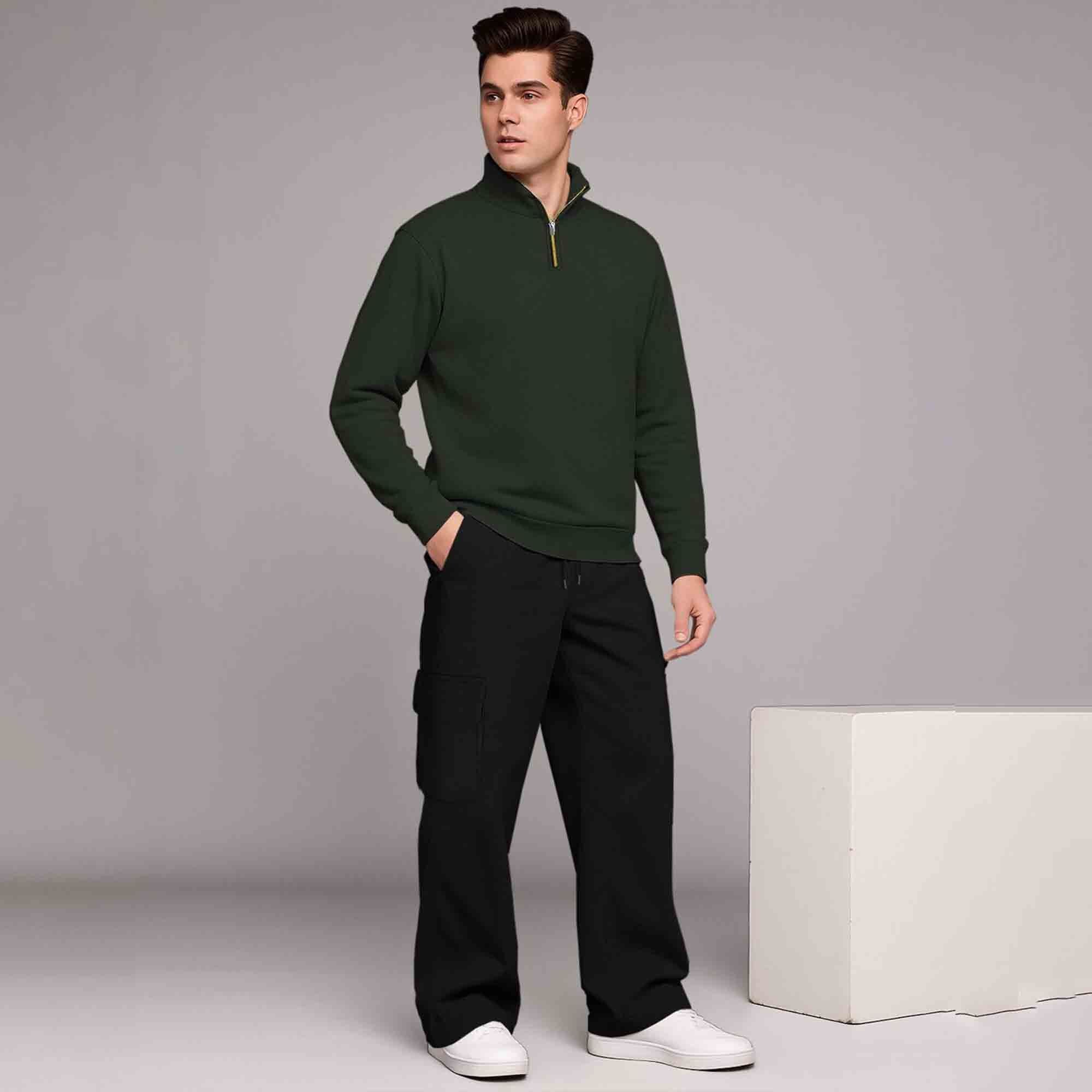 Olive Green High Neck Sweatshirt & Olivegreen Plain Baggy Cargo Tracksuit