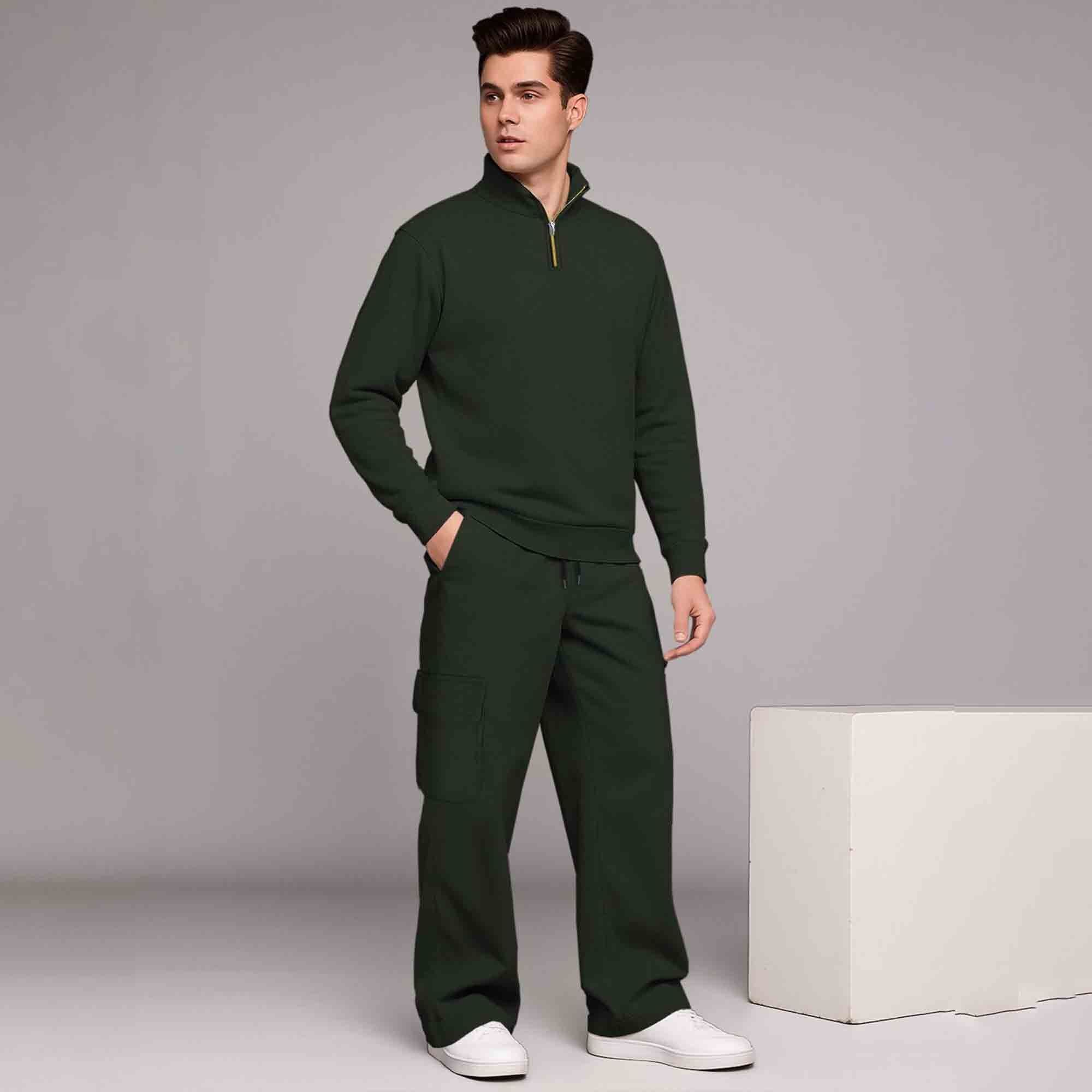 Olive Green High Neck Sweatshirt & Olivegreen Plain Baggy Cargo Tracksuit