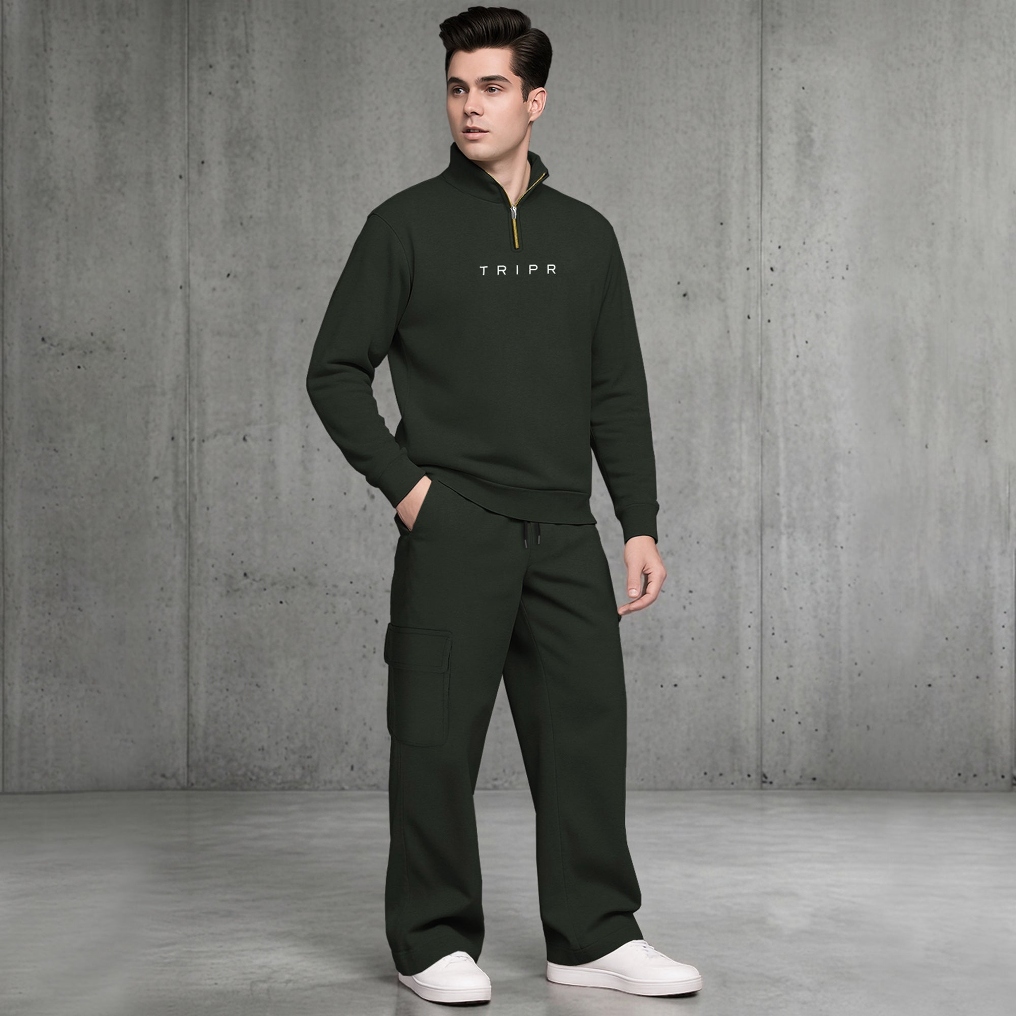 Mens Quarter-Zip High Neck Sweatshirt and Wide Leg Cargo Pant Tracksuit