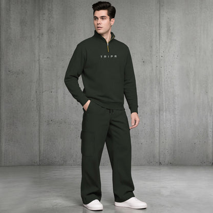 Mens Quarter-Zip High Neck Sweatshirt and Wide Leg Cargo Pant Tracksuit