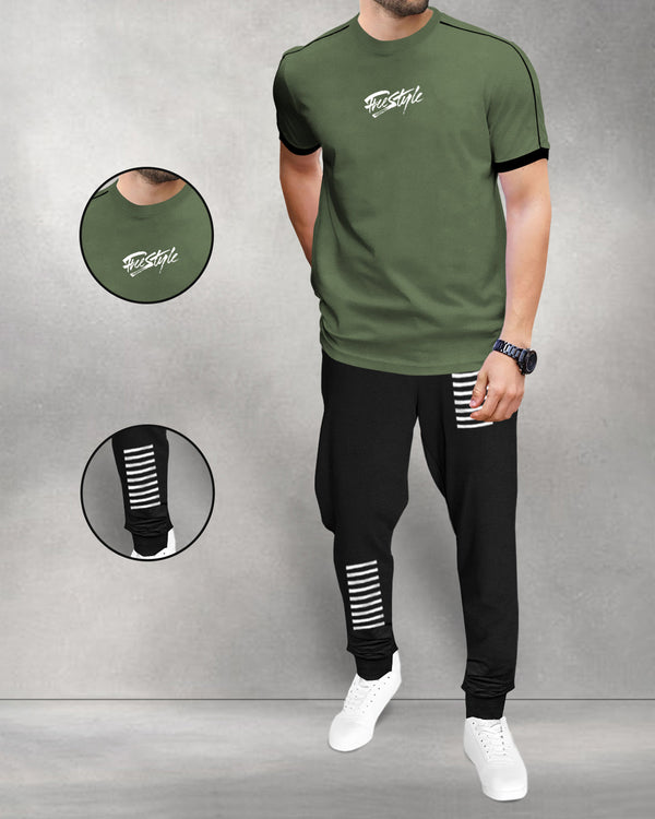 mens tracksuit olive green t-shirt and black jogger