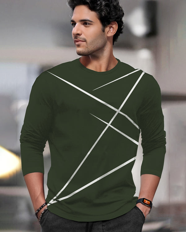 Round Neck Full Sleeve Zig Zag Printed Olive Green T-shirt