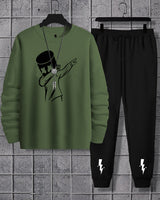 Men Marshmellow Printed Olive Green T-shirt & Black Track pant