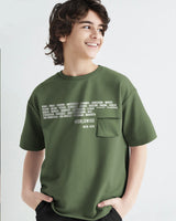 Boys Flap Pocket Olivegreen Typography Round Neck Half Sleeve T-Shirt