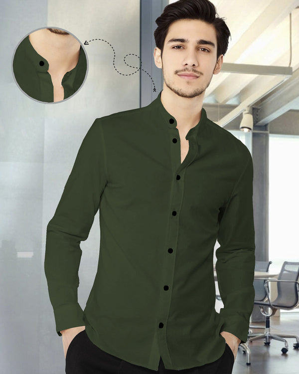 MEN PLAIN DARK GREEN MANDARIN COLLAR FULL HAND SHIRT