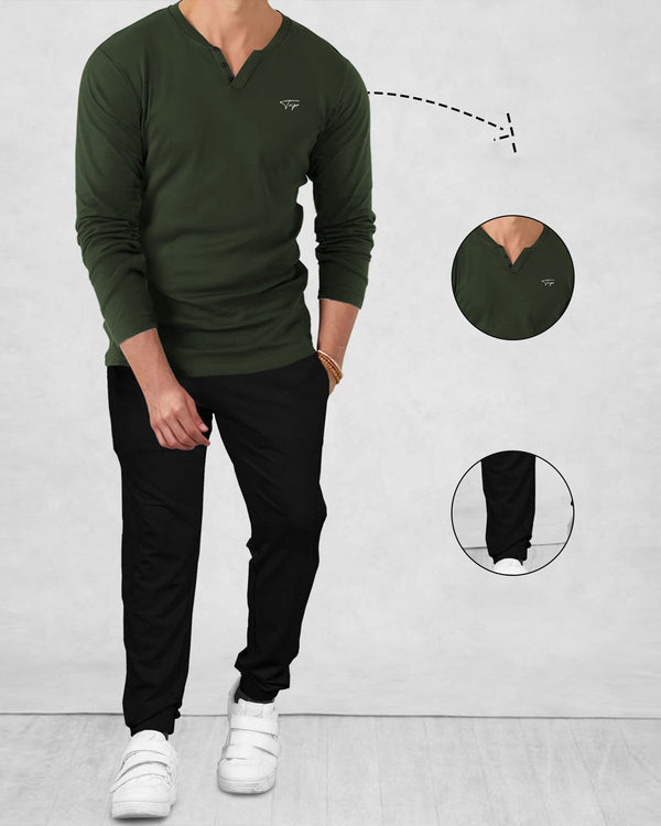 Full Sleeve V-neck OLIVE GREEN T-shirt with BLACK Jogger Pant Tracksuit