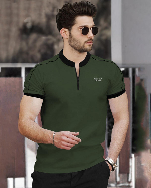 Men Olive Green Mandarin Collar Half Sleeve Zip Neck Black Piping T-shirt-D145