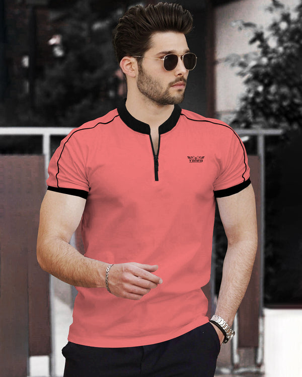 Men Pink Neck Half Sleeve Zip Black Piping T-shirt