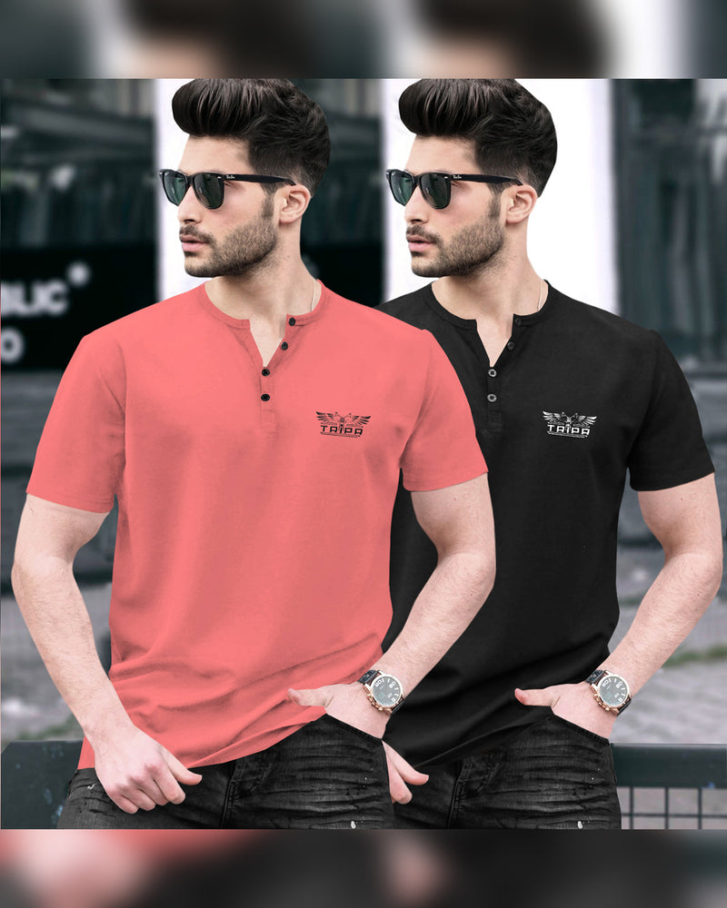 Pack of 2 Men Printed Henley Neck Cotton Blend Multicolor T-Shirt