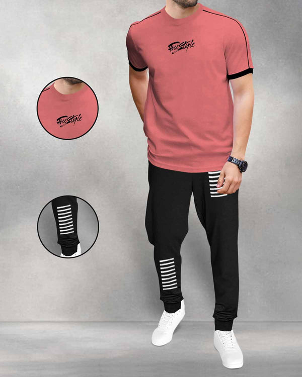 mens tracksuit pink t-shirt and black jogger