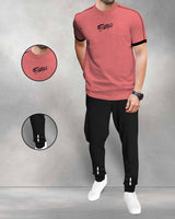 mens tracksuit pink t-shirt with black jogger