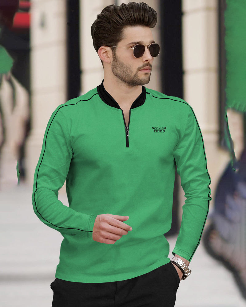 Men parrot green Mandarin Collar FULL SLEEVE T-Shirt