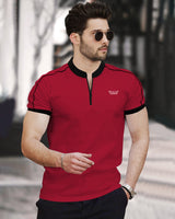 Men Solid Red Zip Neck Black Piping T-Shirt