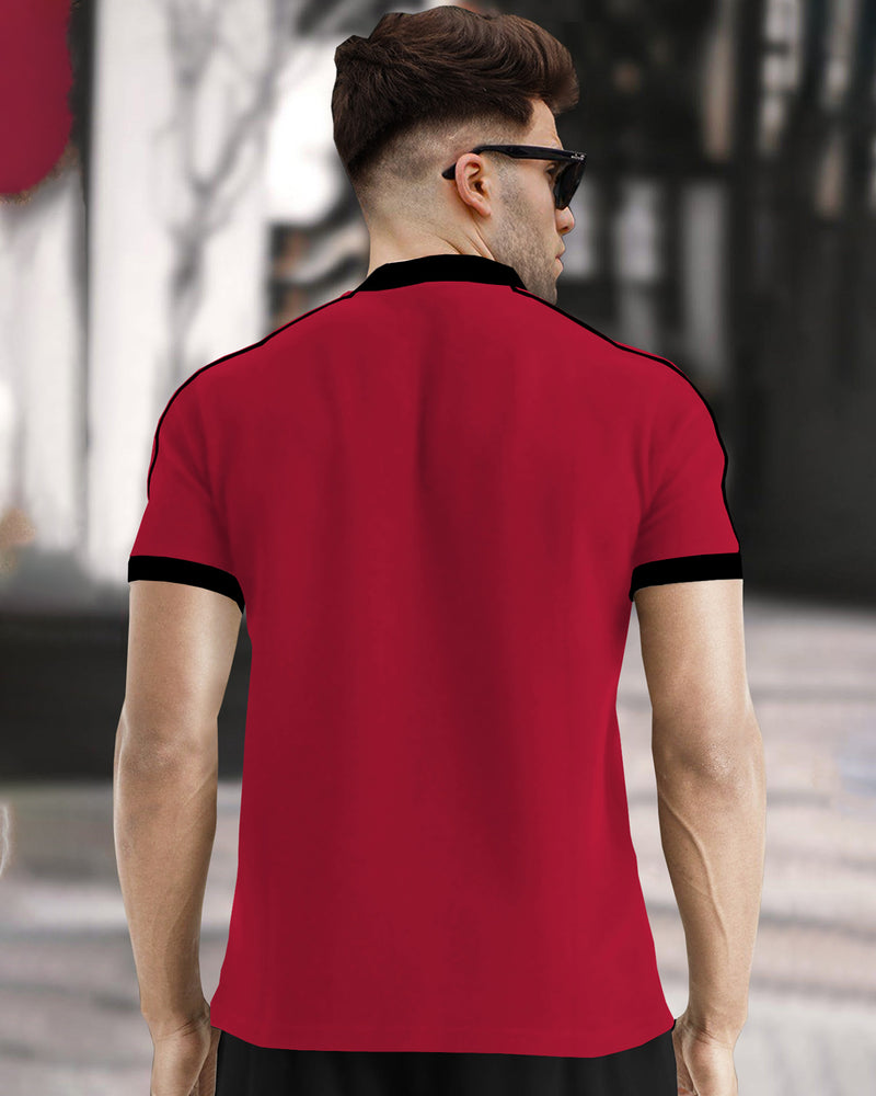 Men Solid Red Zip Neck Black Piping T-Shirt