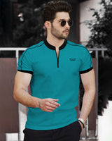 Men Mandarin Collar Royal Green Zip Neck Half Sleeve T-shirt