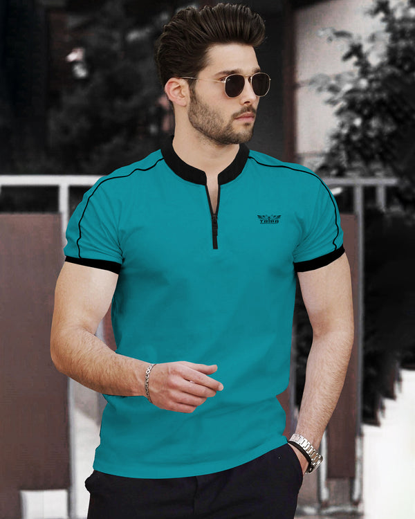 Men Royal Green Zip Neck Half Sleeve T-shirt