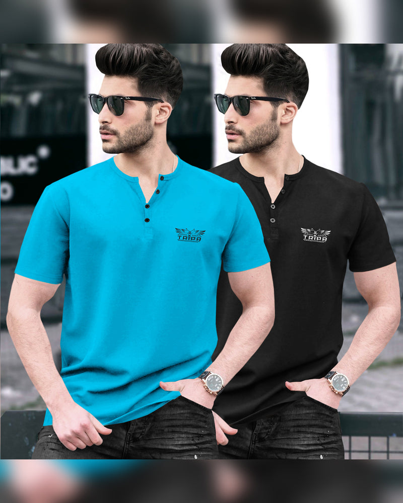 Pack of 2 Men Printed Henley Neck Cotton Blend Multicolor T-Shirt