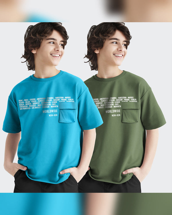 Pack of 2 Multicolor Kids T-Shirts Combo | Skyblue-Olivegreen