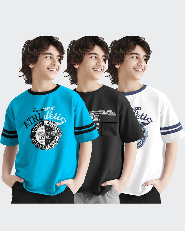 Pack of 3 Multicolor Kids T-Shirts Combo | Black-White-Skyblue