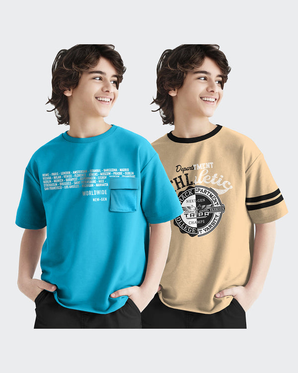 Kids T-Shirt Combo - Skyblue-Beige T-Shirts (Pack of 2)