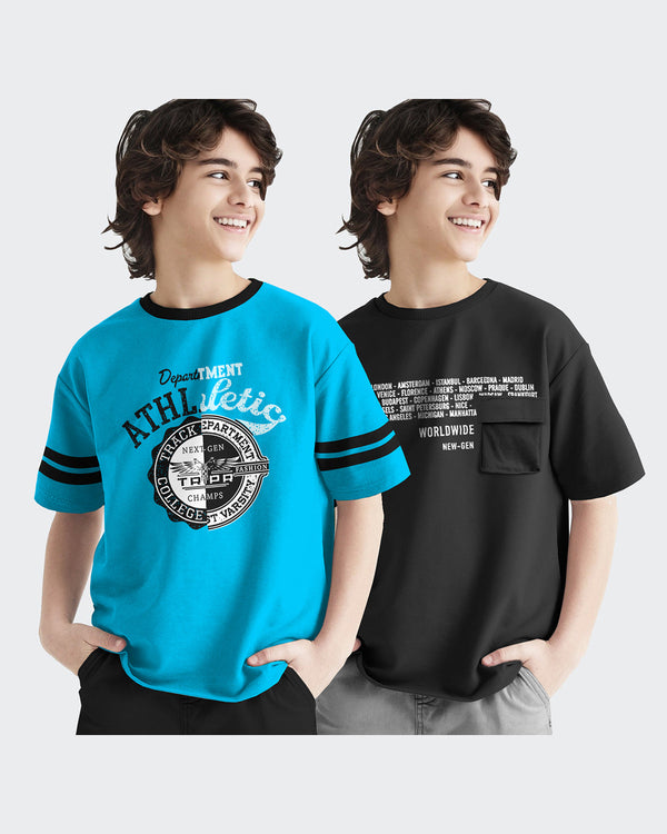 Kids T-Shirt Combo - Skyblue-Black T-Shirts (Pack of 2)