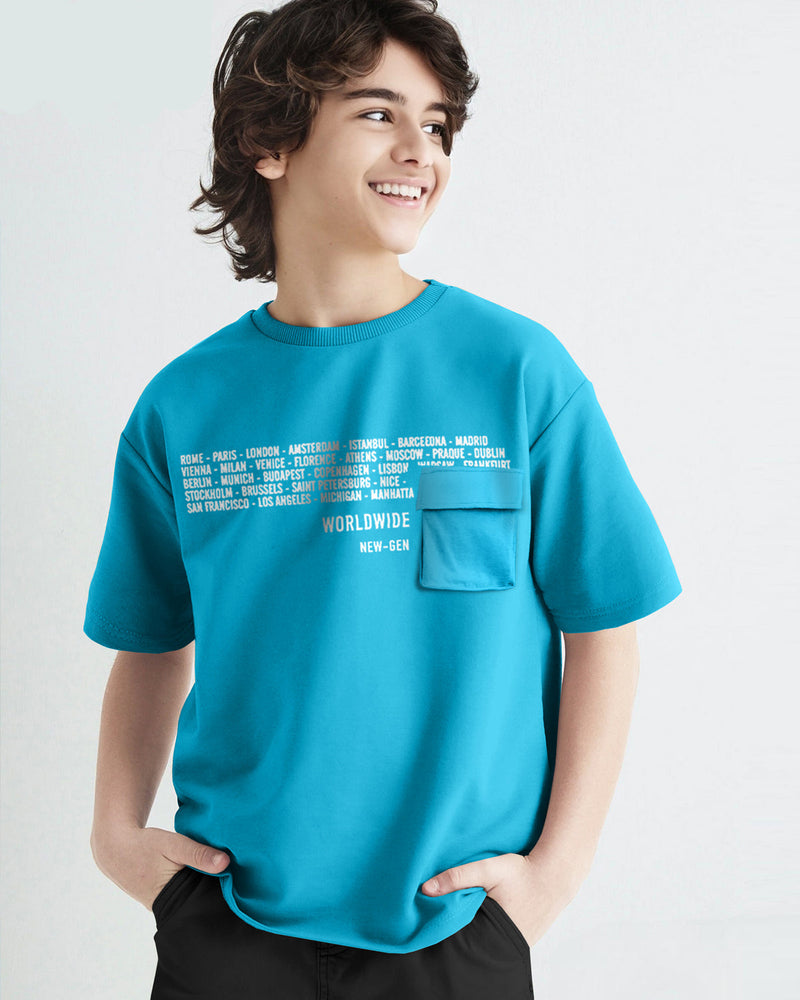 Boys Flap Pocket Skyblue Typography Round Neck Half Sleeve T-Shirt