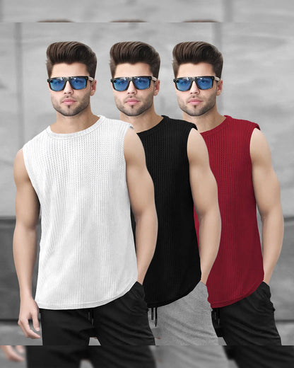 (Pack Of 3) Men Casual Round Neck Printed And Plain Vests