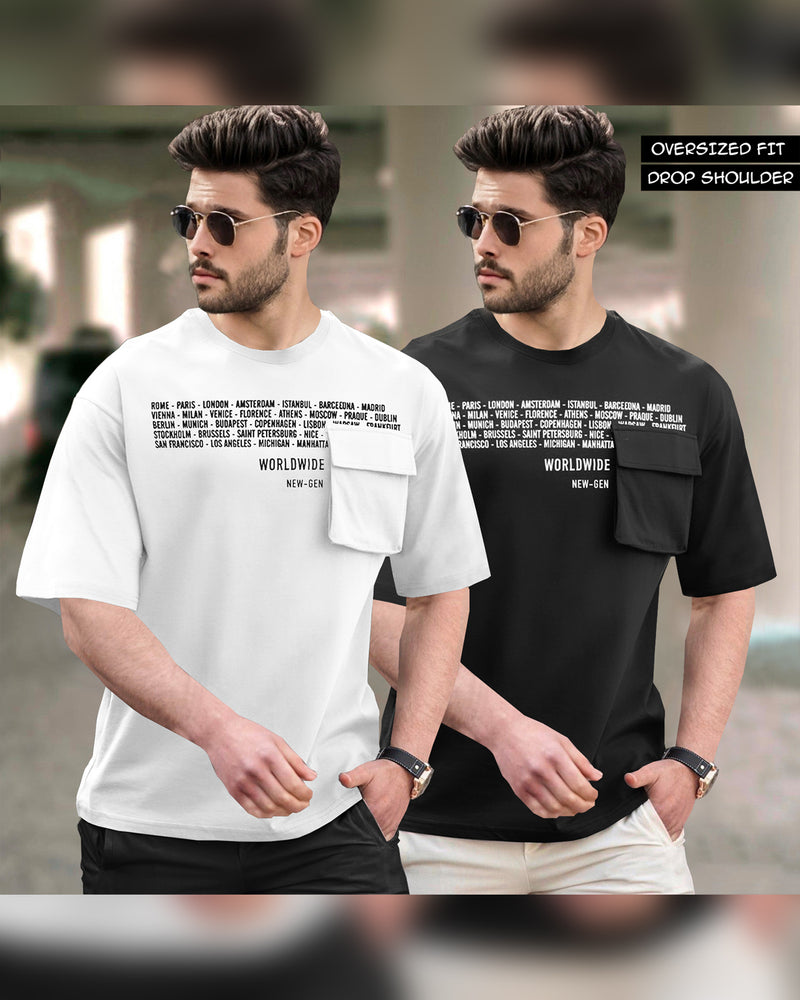 (Pack of 2) Men Oversized T-Shirt With Flap Pocket | White & Black