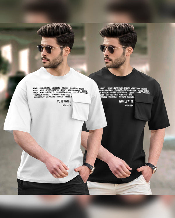 (Pack of 2) Men Oversized T-Shirt With Flap Pocket | White & Black