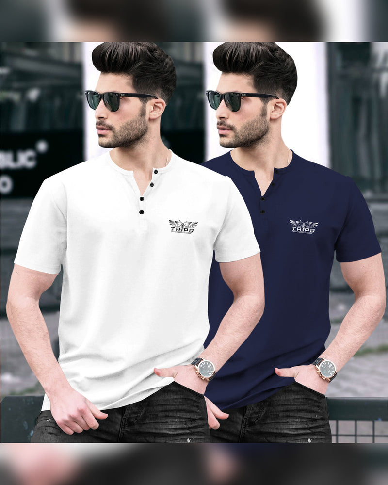 Pack of 2 Men Printed Henley Neck Cotton Blend Multicolor T-Shirt