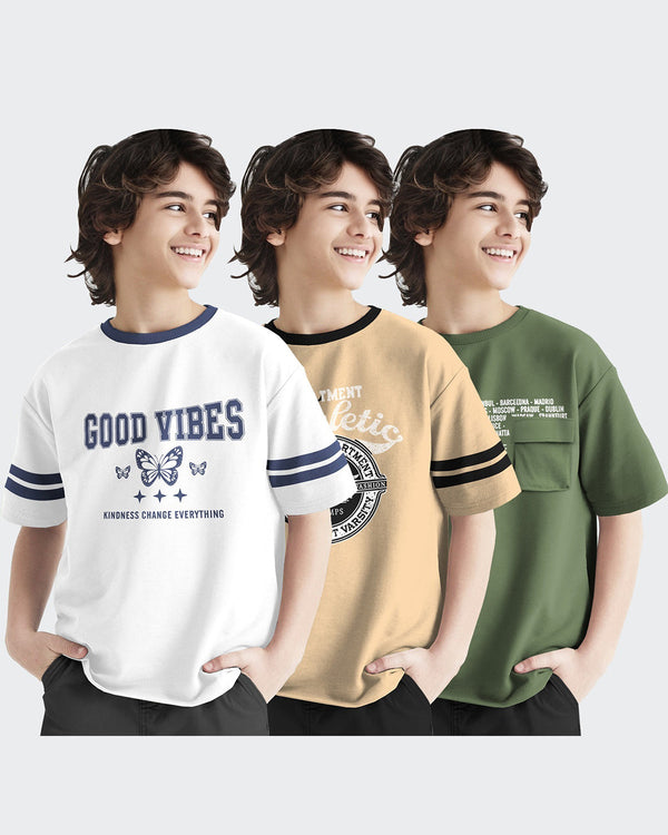 Pack of 3 Multicolor Kids T-Shirts Combo | White-Beige-Olivegreen