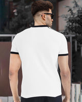 Men White Zip-neck Half Sleeve Black Piping T-shirt