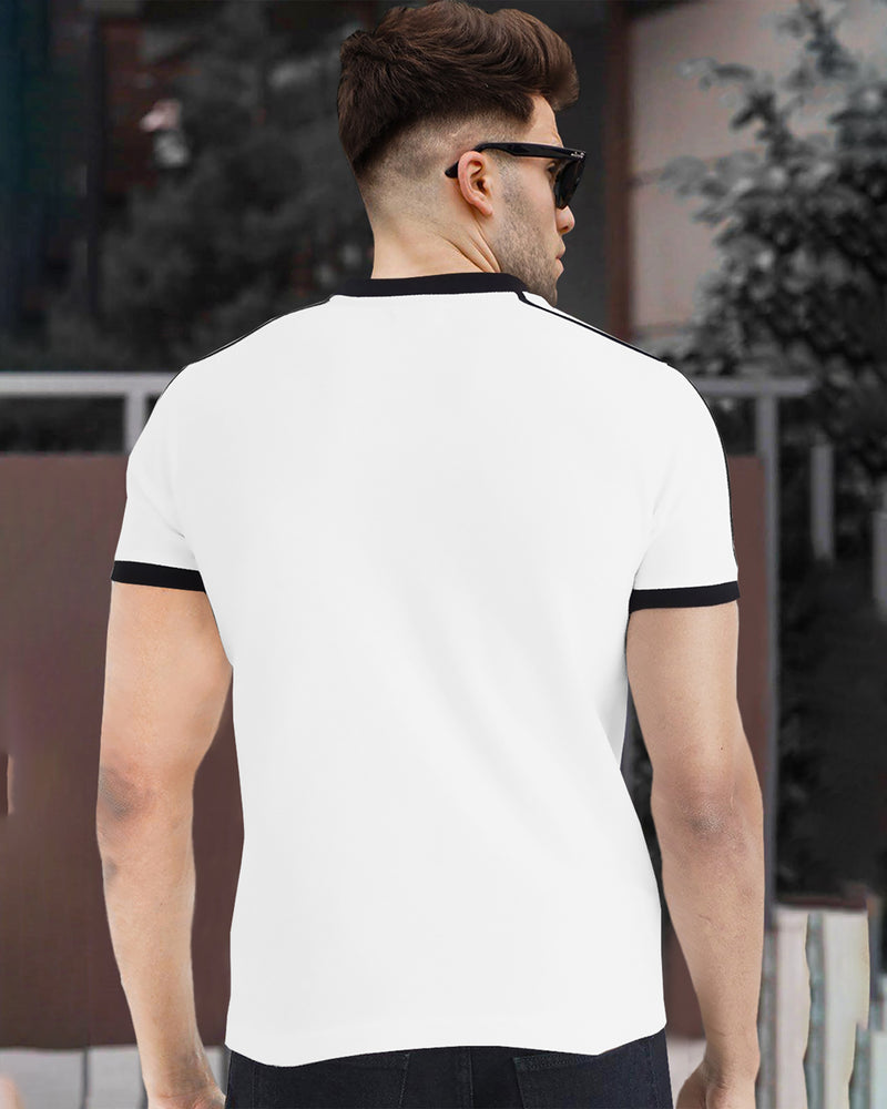 SHORT / LONG SLEEVE Men White Zip-neck Black Piping T-shirt