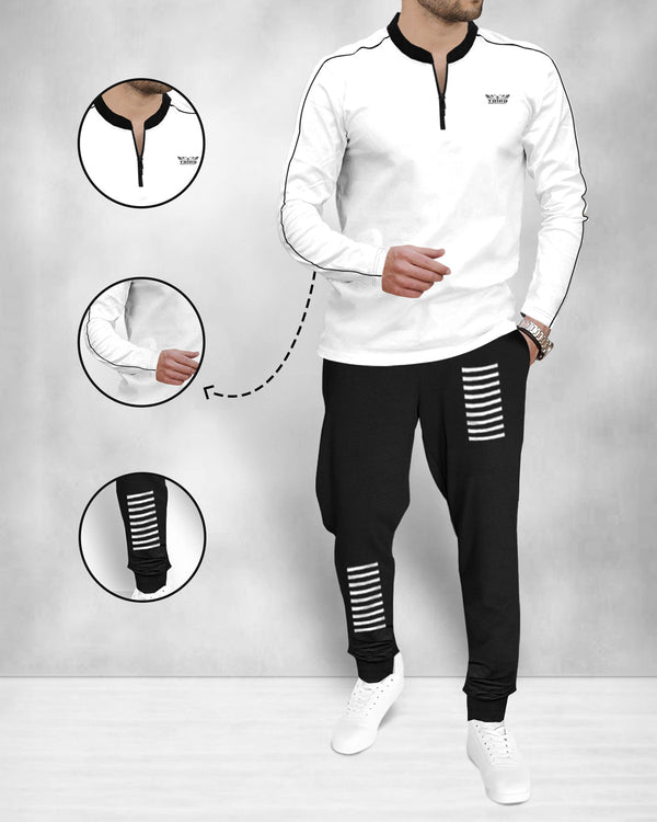 (White & Black Tracksuit) Full Sleeve Henley Neck T-shirt with Jogger Pant