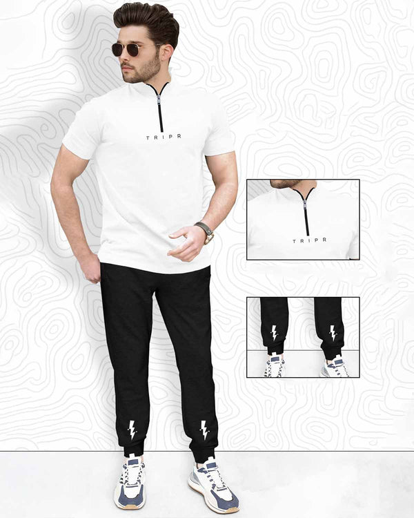 Men Tracksuit Set | White Zip Neck T-Shirt & Black Jogger