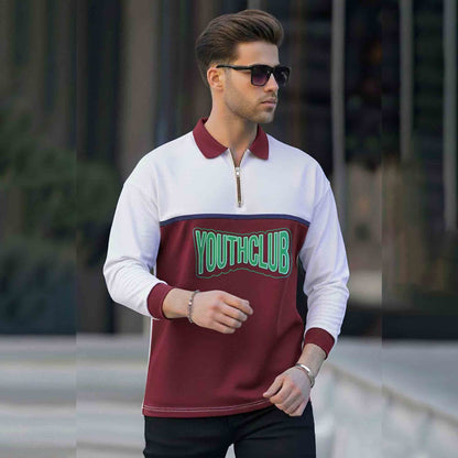 Men Colorblock Polo Neck Full Sleeve T-Shirt White & Maroon