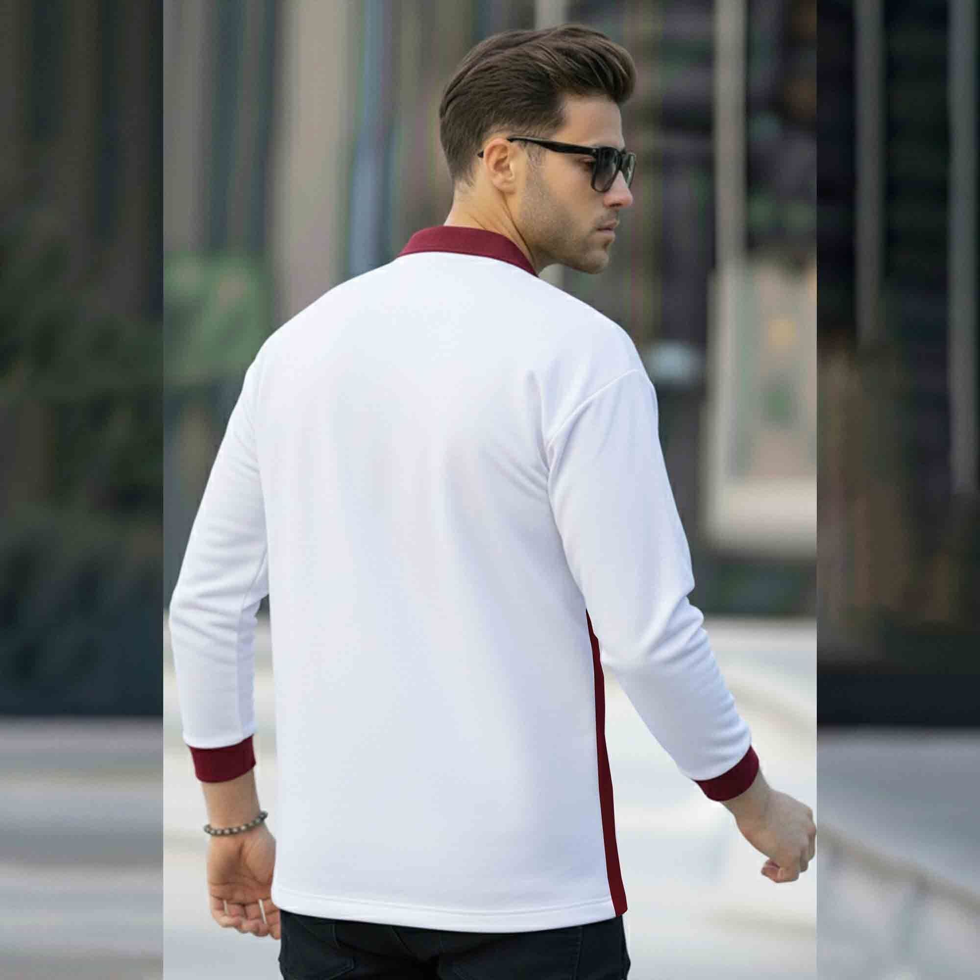 Men Colorblock Polo Neck Full Sleeve T-Shirt White & Maroon