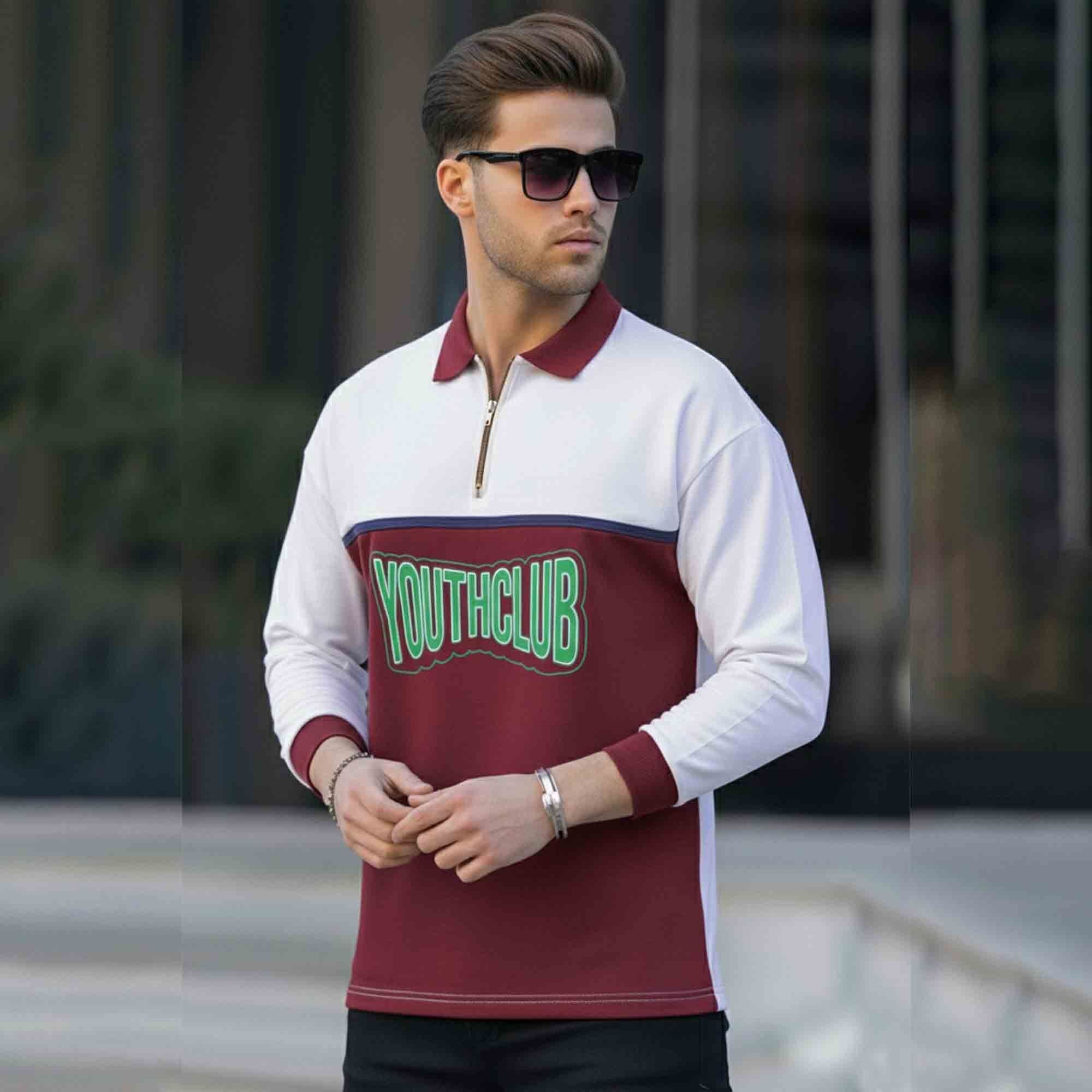 Men Colorblock Polo Neck Full Sleeve T-Shirt White & Maroon