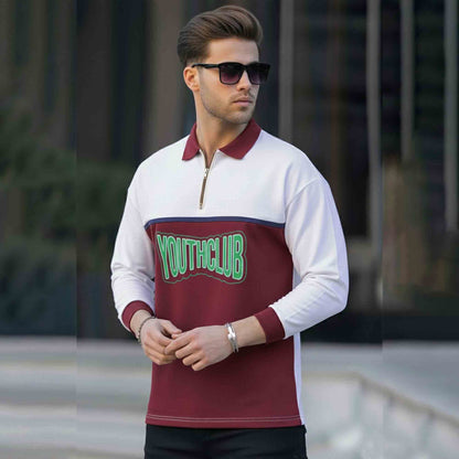 Men Colorblock Polo Neck Full Sleeve T-Shirt White & Maroon
