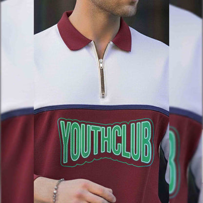 Men Colorblock Polo Neck Full Sleeve T-Shirt White & Maroon