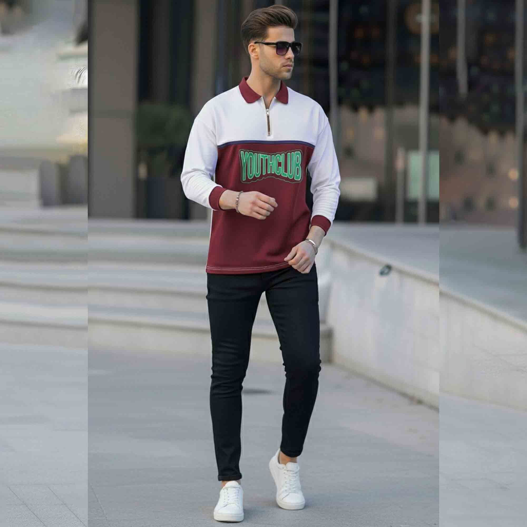 Men Colorblock Polo Neck Full Sleeve T-Shirt White & Maroon