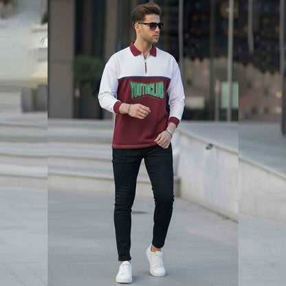 Men Colorblock Polo Neck Full Sleeve T-Shirt White & Maroon