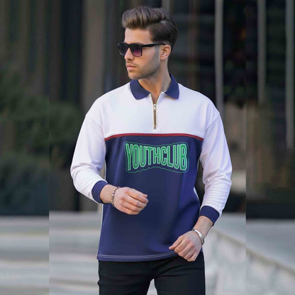 Men Colorblock Polo Neck Full Sleeve T-Shirt White & Navyblue