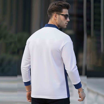 Men Colorblock Polo Neck Full Sleeve T-Shirt White & Navyblue