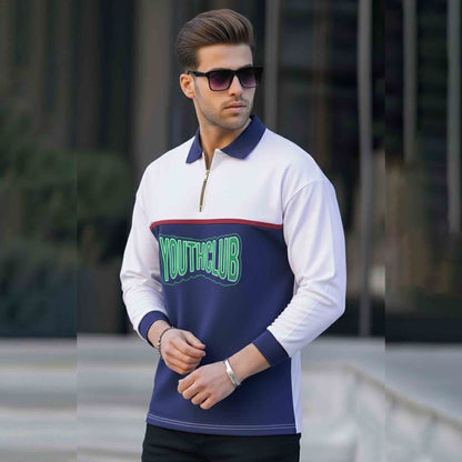 Men Colorblock Polo Neck Full Sleeve T-Shirt White & Navyblue