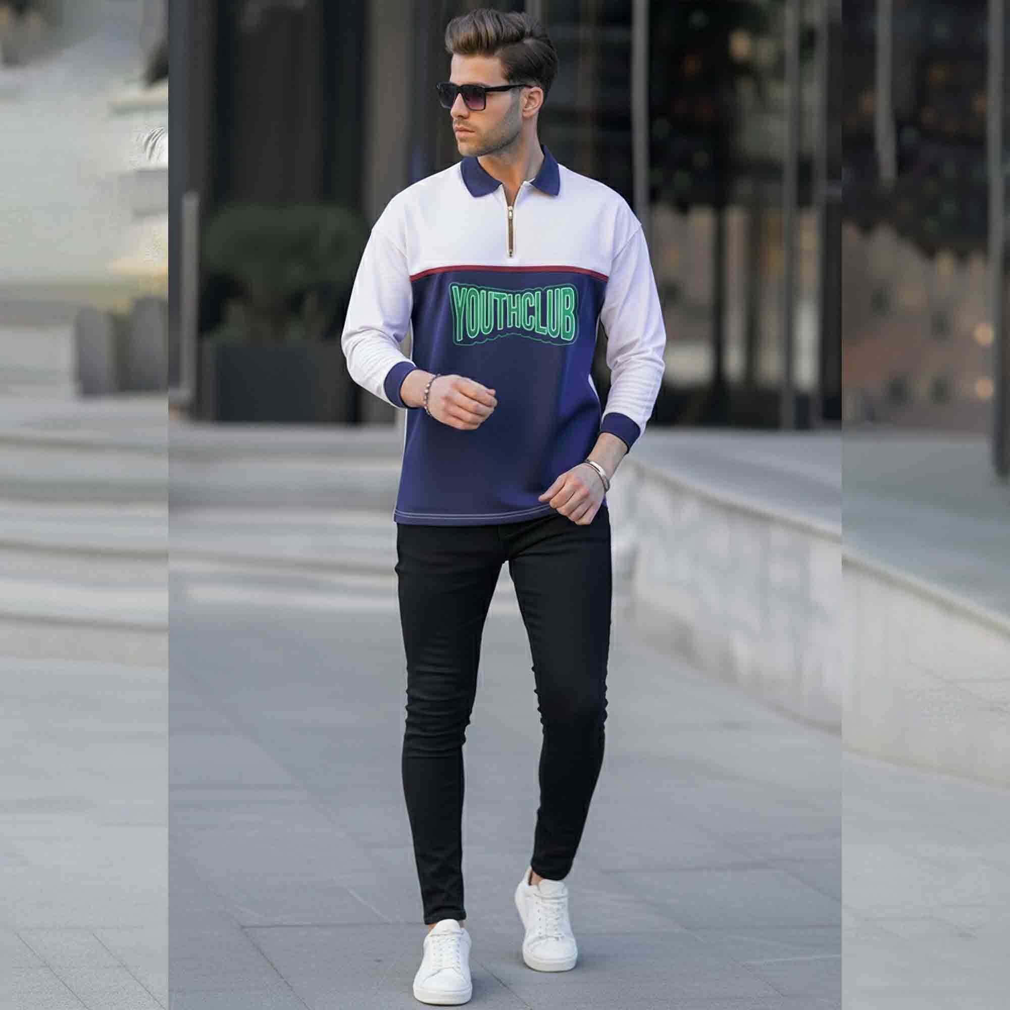 Men Colorblock Polo Neck Full Sleeve T-Shirt White & Navyblue