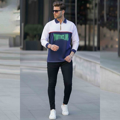 Men Colorblock Polo Neck Full Sleeve T-Shirt White & Navyblue