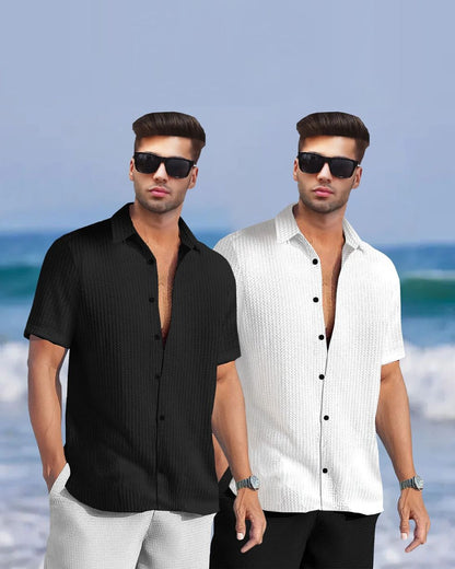 (Pack Of 2) Half Sleeve Plain Black & White Contrast Waffle Shirts