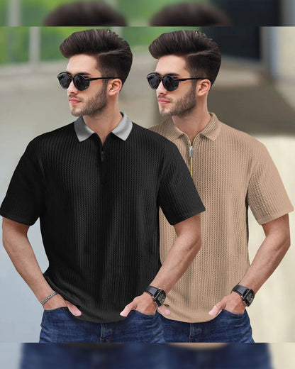(Pack Of 2) Polo Half Sleeve Waffle Textured T-shirts