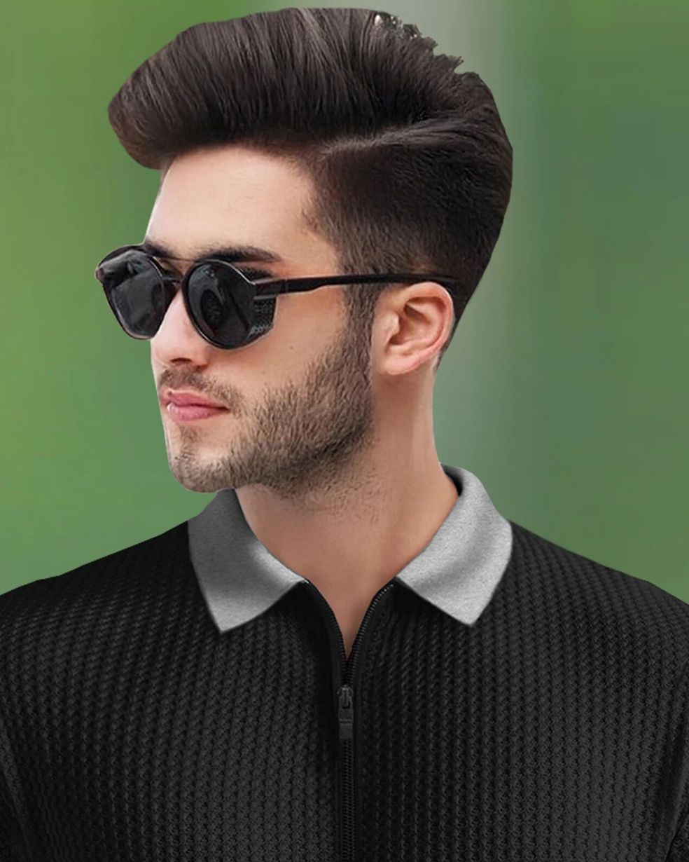 (Pack Of 2) Polo Collar Contrast Black & Beige Waffle Textured T-shirts